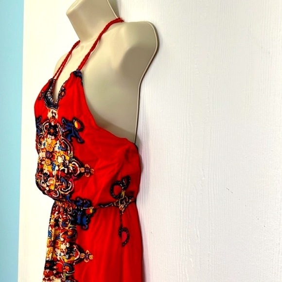 Forever 21 - Bright Orange With Colorful Design Halter Maxi Dress Size Small - Picture 6 of 11